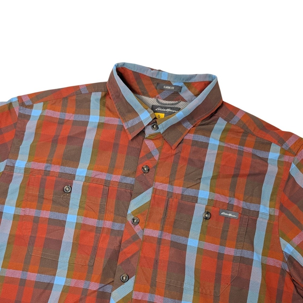 Eddie Bauer Mens Large Classic Fit Short Sleeve Plaid Ripstop Shirt Red Blue